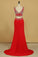 2024 Two Pieces V Neck Prom Dresses Sheath Spandex With Beading Floor Length