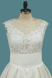 2024 A Line Satin Scoop Wedding Dresses With Applique Asymmetrical