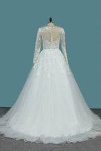 Load image into Gallery viewer, 2024 Long Sleeves Scoop Tulle A Line Wedding Dresses With Applique Court Train
