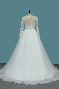 2024 Long Sleeves Scoop Tulle A Line Wedding Dresses With Applique Court Train