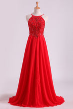 Load image into Gallery viewer, 2023 Red Spaghetti Straps Beaded Bodice A-Line Chiffon Prom Dresses