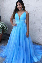 Load image into Gallery viewer, A Line Sky Blue Spaghetti Straps V Neck Tulle Prom Dresses, Cheap Evening Dresses SRS15554