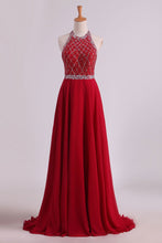 Load image into Gallery viewer, 2024 A Line Halter Open Back Prom Dresses Sweep Train Chiffon &amp; Tulle With Beading