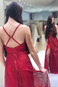 Sparkly V Neck A Line Red Spaghetti Straps Prom Dresses with Slit, Evening SRS15675