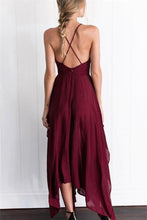 Load image into Gallery viewer, Flowy Spaghetti Straps V-Neck Open Back Simple Brugundy Prom Dresses