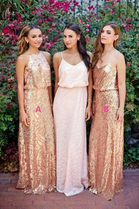 Cheap Pink Lace Sparkly Sequin Gold Mismatched Bridesmaid Dresses, Long Prom Dresses SRS15129