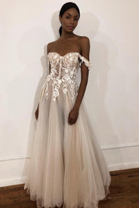 Unique Off the Shoulder Ivory Long Wedding Dress with Appliques, Sweetheart Wedding Gowns SRS15461