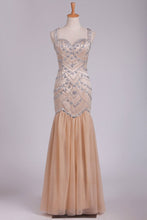 Load image into Gallery viewer, 2024 Prom Dresses Spaghetti Straps Open Back Tulle With Beading Floor Length