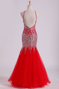 2024 Red Spaghetti Straps Dark Royal Blue Prom Dresses Mermaid Tulle Beaded Bodice Floor Length