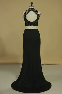 2023 High Neck Two-Piece Spandex  Sheath With Beads And Applique Open Back Prom Dresses