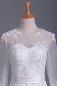 2024 Scoop 3/4 Length Sleeve Mermaid Wedding Dress Tulle With Sash Court Train