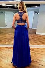 Load image into Gallery viewer, Sparkly 2 Pieces Royal Blue Beading Zipper Back Long Prom Dresses With Pockets