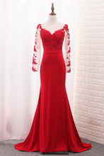 Load image into Gallery viewer, 2024 Mermaid Scoop Spandex Long Sleeves Prom Dresses With Applique Sweep Train