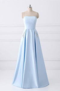 Charming Strapless Light Blue Lace Up Open Back Long Prom Dresses With Pockets