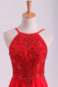 2023 Red Spaghetti Straps Beaded Bodice A-Line Chiffon Prom Dresses
