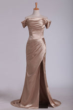Load image into Gallery viewer, 2024 Off The Shoulder Elastic Satin With Slit And Ruffles Sheath Evening Dresses