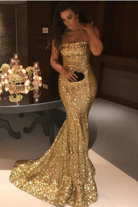 Sexy Mermaid Sequins Strapless Long Evening Dresses, Simple Prom SRS20437