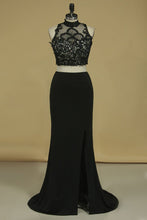 Load image into Gallery viewer, 2023 High Neck Two-Piece Spandex  Sheath With Beads And Applique Open Back Prom Dresses