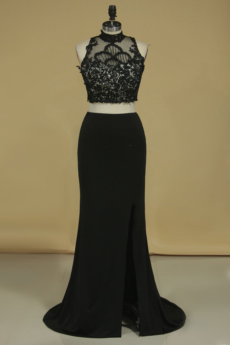 2023 High Neck Two-Piece Spandex  Sheath With Beads And Applique Open Back Prom Dresses