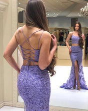 Load image into Gallery viewer, Elegant Two Pieces Mermaid Lilac Lace Slit Long Prom Dresses, Formal SRS20417