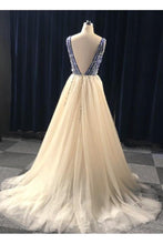 Load image into Gallery viewer, Champagne And Blue Long V-Neck Beading Backless Prom Dresses