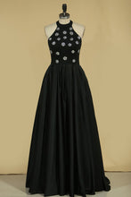 Load image into Gallery viewer, 2024 A Line High Neck Satin With Beading Sweep Train Prom Dresses