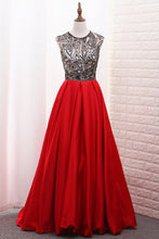 Load image into Gallery viewer, 2024 A-Line Scoop Satin Prom Dresses Tulle Bodice Black Sequins Floor-Length With Pocket