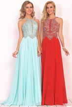 Load image into Gallery viewer, 2024 A Line Chiffon Spaghetti Straps Prom Dresses With Beading Floor Length