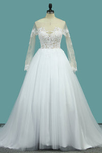 2024 Wedding Dresses Bateau Long Sleeves A Line With Applique Tulle Open Back