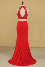 Load image into Gallery viewer, 2024 Two-Piece High Neck Spandex Prom Dresses Sheath With Beads And Applique Open Back