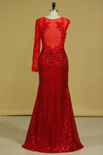 Load image into Gallery viewer, 2023 Scoop Mermaid Prom Dresses Sequins With Applique Floor Length Long Sleeves