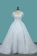 Load image into Gallery viewer, 2024 Mermaid Tulle Scoop Short Sleeve Wedding Dresses With Applique And Sash Sweep Train