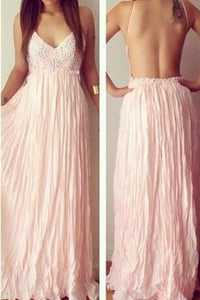Sexy Backless V-Neck Spaghetti Straps Lace Prom Dresses Chiffon Blush Pink Prom Dresses RS799