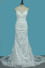 Load image into Gallery viewer, 2024 Spaghetti Straps Mermaid Wedding Dresses Tulle With Beads&amp;Appliques Open Back