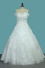 Load image into Gallery viewer, 2024 Off The Shoulder Tulle A Line Wedding Dresses With Applique And Handmade Flower