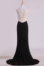 Load image into Gallery viewer, 2024 Bicolor Prom Dresses High Neck Sheath With Applique &amp; Beads Sweep/Brush Train