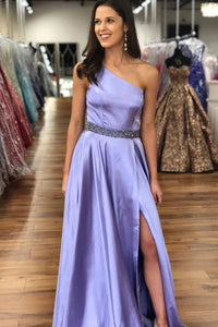 Simple One Shoulder Sleeveless Prom Dresses with Beading