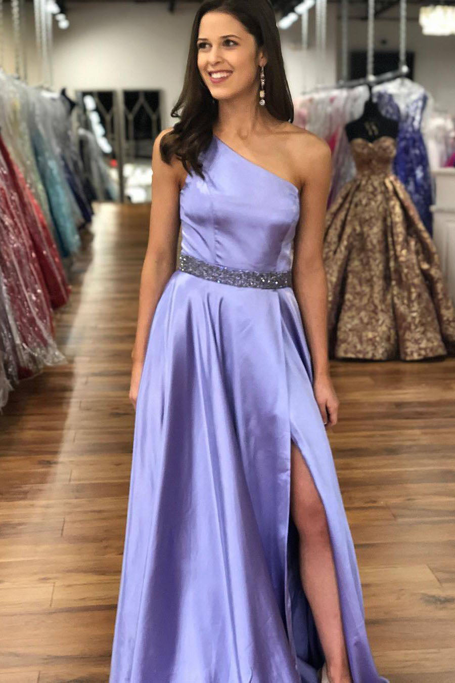 Simple One Shoulder Sleeveless Prom Dresses with Beading