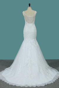 2024 New Arrival Wedding Dresses Scoop Mermaid Tulle With Applique And Beads