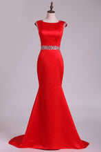 Load image into Gallery viewer, 2024 Prom Dresses Scoop Beaded Waistband Satin Sweep Train Mermaid