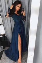 Load image into Gallery viewer, Pretty Long Sleevesl Navy Blue Lace Front Split Prom Dresses Women Dresses