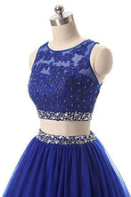 Load image into Gallery viewer, A Line Two Pieces Lace Sequins Beads Open Back Appliques Sleeveless Prom Dresses RS334