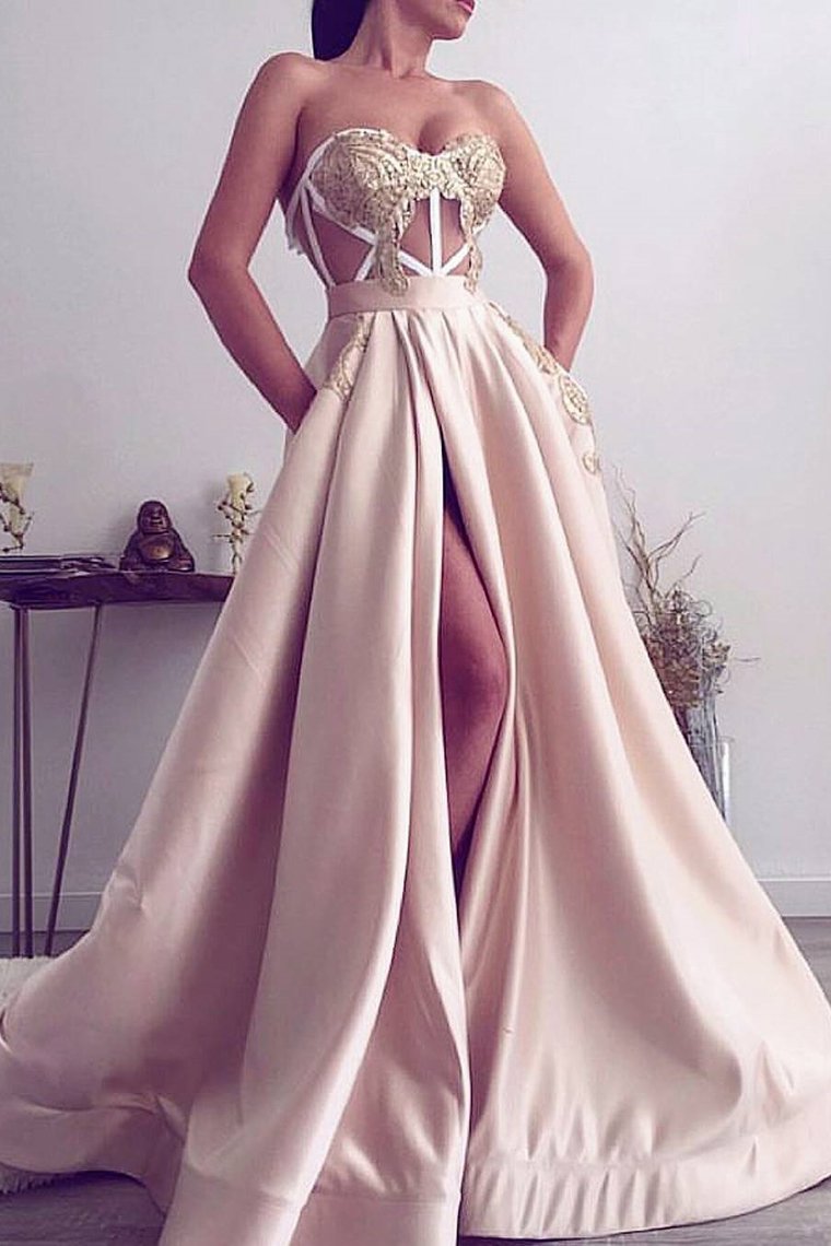 2024 A Line Sweetheart Satin With Applique And Slit Prom Dresses
