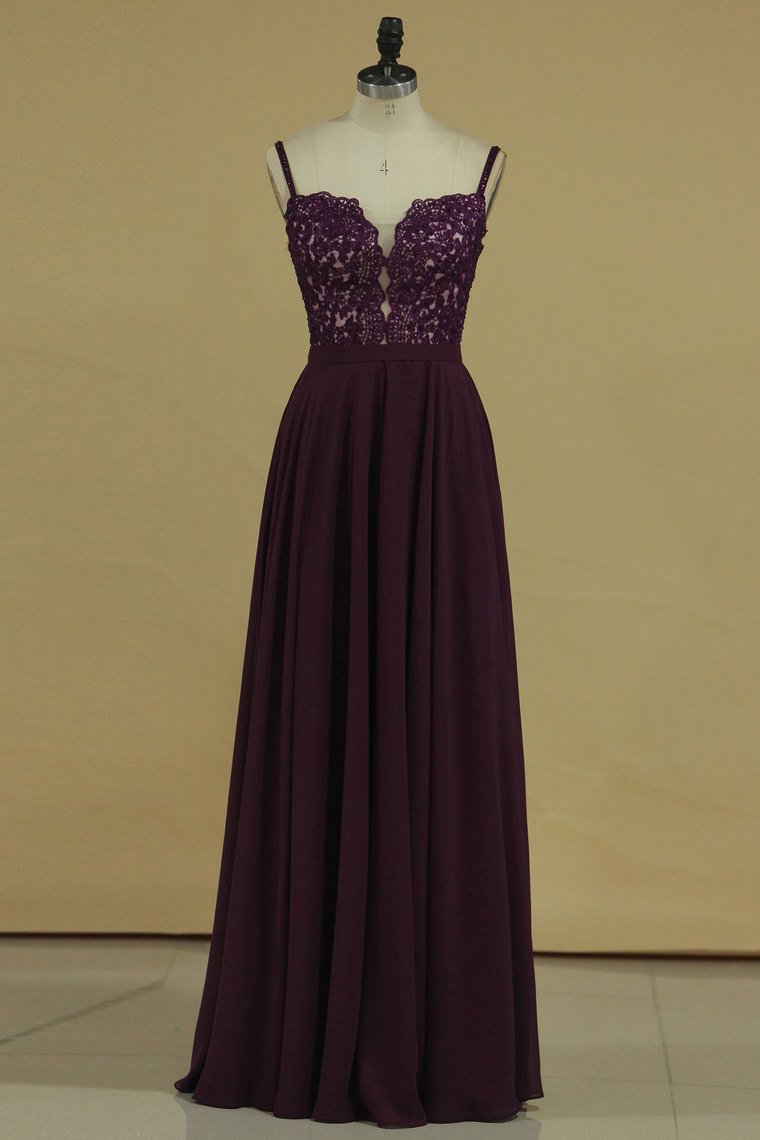 2024 Spaghetti Straps With Applique A Line Chiffon Floor Length Prom Dresses