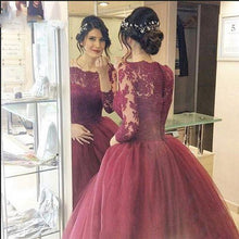 Load image into Gallery viewer, Cheap Burgundy 2024 Lace Three Quarter Sleeve Ball Gown Elegant Long Prom Dresses RS670