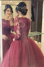 Load image into Gallery viewer, Cheap Burgundy 2024 Lace Three Quarter Sleeve Ball Gown Elegant Long Prom Dresses RS670