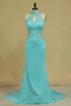 Load image into Gallery viewer, 2024 High Neck Open Back Prom Dresses With Applique Sweep Train Spandex