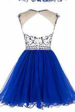 Load image into Gallery viewer, Short Beading Prom Dress Tulle Scoop Cap Sleeve Royal Blue Evening Dress Hollow Back RS921