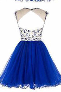 Short Beading Prom Dress Tulle Scoop Cap Sleeve Royal Blue Evening Dress Hollow Back RS921