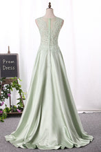 Load image into Gallery viewer, 2024 Prom Dresses Scoop Satin A Line With Applique And Beads